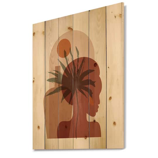 Designart - Abstract Tropical Palm Leaf & Pretty Girl Portrait - Modern Print on Natural Pine Wood